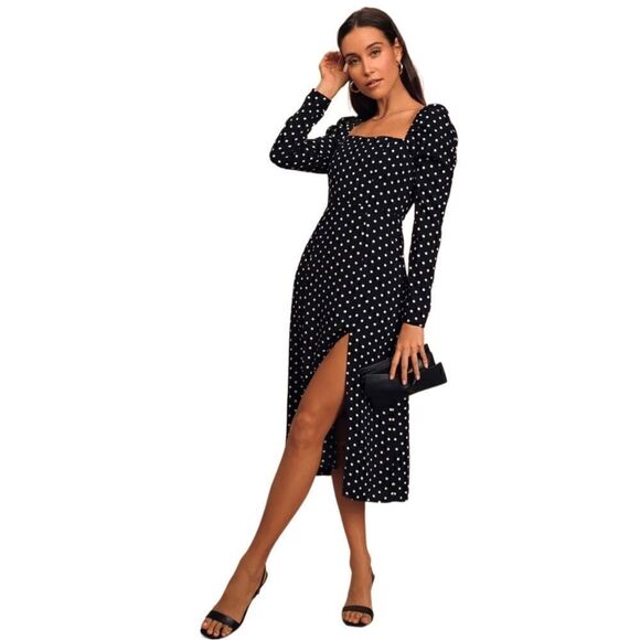 Lulus Dresses & Skirts - New! Lulus Charmed & Classy Black Polka Dot Midi Dress Sz M